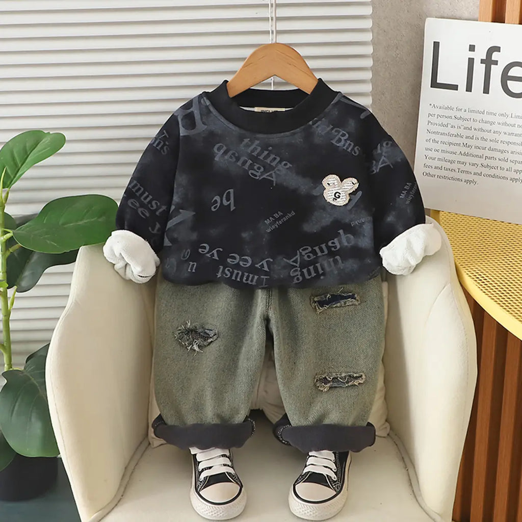 Boys Black Typographic Regular Sweatshirt With Denim Trousers Sets 2 pc. Sets Black 1-2 Y