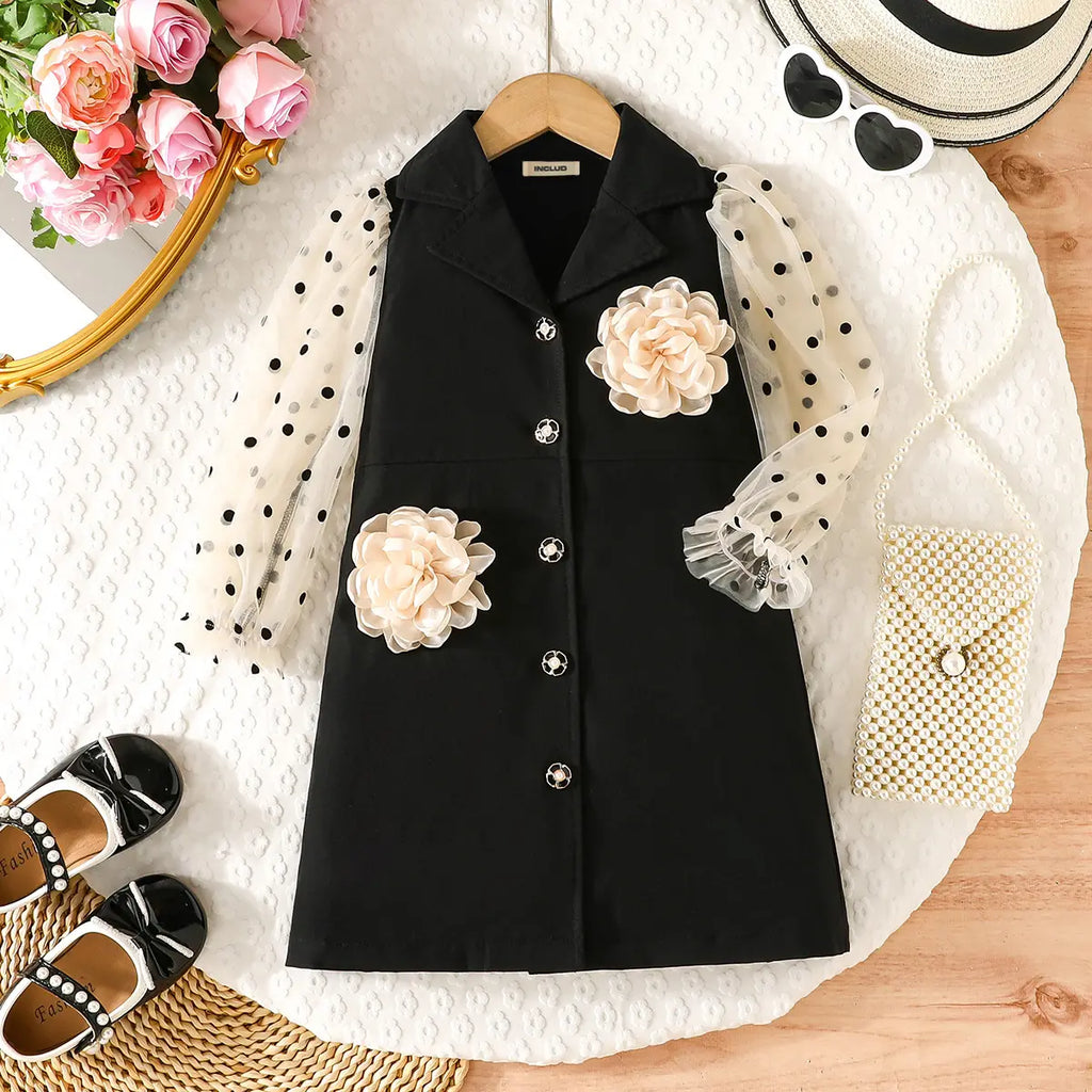 Girls Black Flowers Applique A-line Dress With Polka Dot Printed Puff Sleeves Casual Dresses Black 2-3 Y