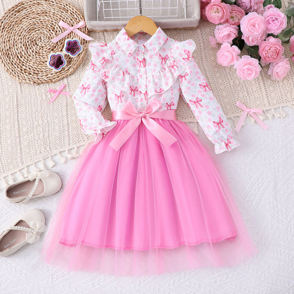 Girls Pink Bow Printed Fit & Flare Winter Casual Dress Casual Dresses Pink 2-3 Y