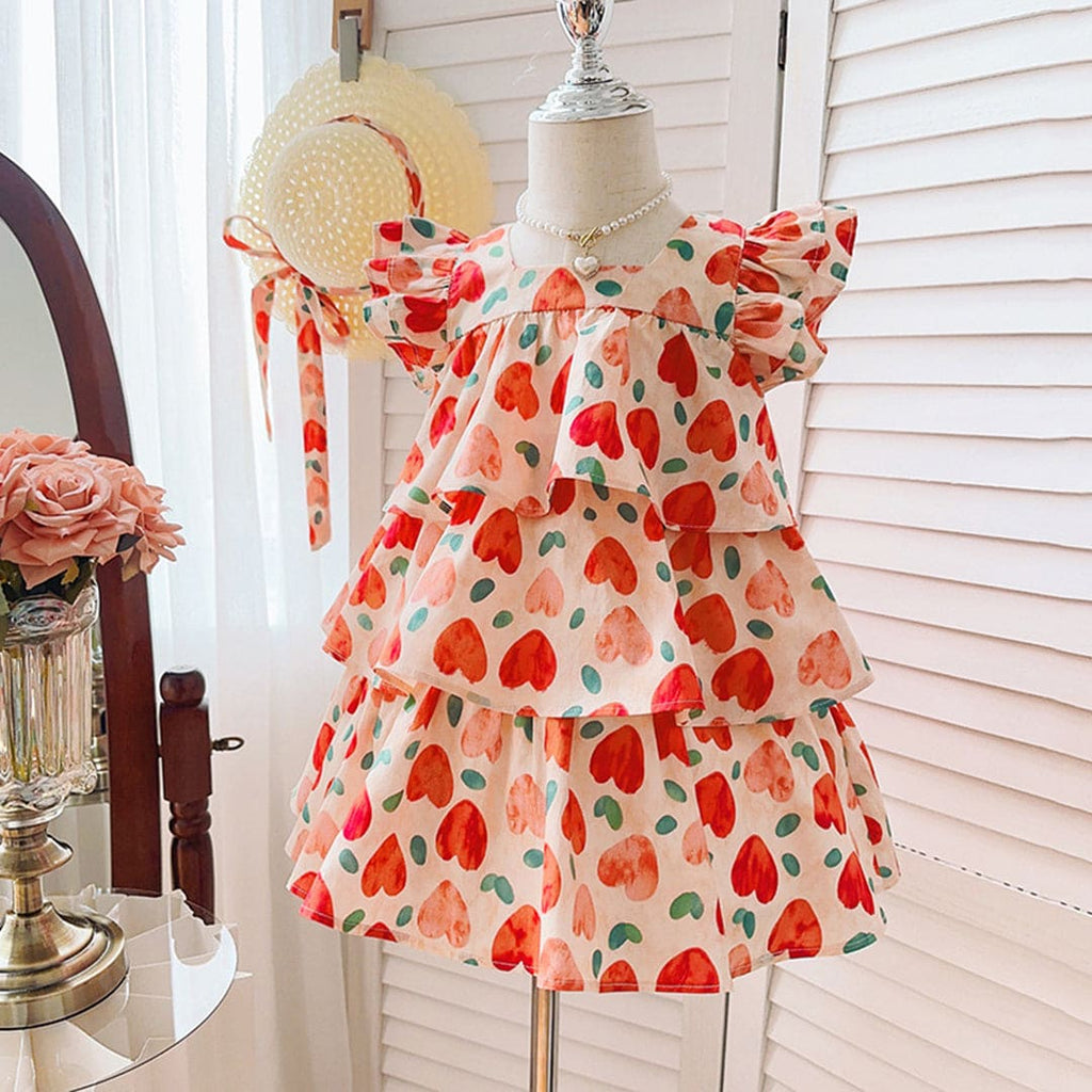 Girls Heart Print Tiered Casual Dress with Hat Casual Dresses Red 1-2 Y 