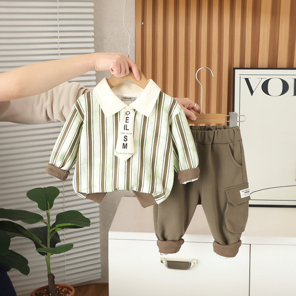 Boys Green Stripes Polo Neck Sweatshirt With Pants Set 2 pc. Sets Green 1-2 Y