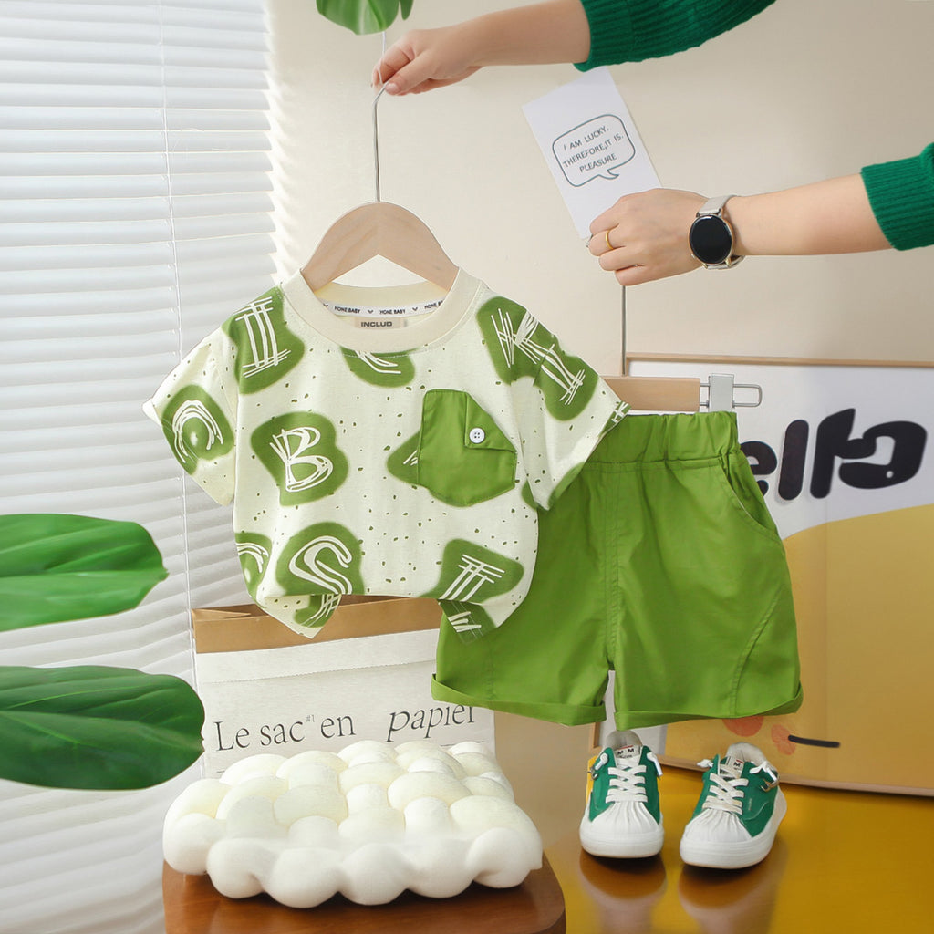Boys Green Typographic Printed T-Shirt With Shorts Set 2 pc. Sets Green 1-2 Y