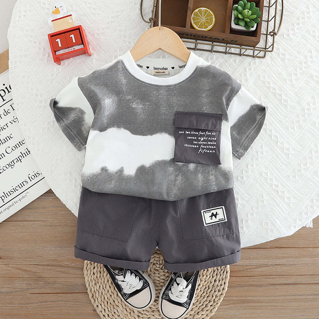 Boys Grey Printed T-shirt with Flap Pocket & Shorts Set 2 pc. Sets Grey 1-2 Y