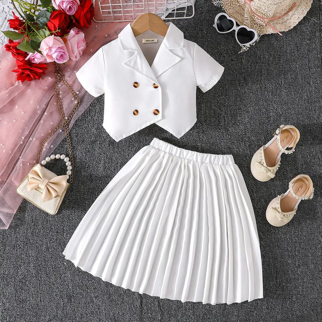Girls White Double-Breasted Blazer Crop Top With Pleated Skirt Co-ord Sets Sets White 2-3 Y