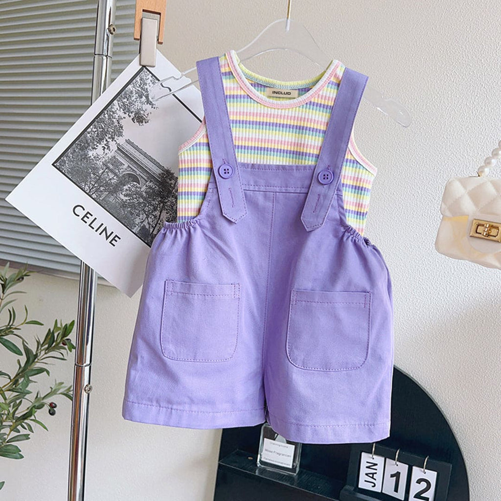 Girls Striped Tank Top with Dungaree Set Sets Purple 1-2 Y 