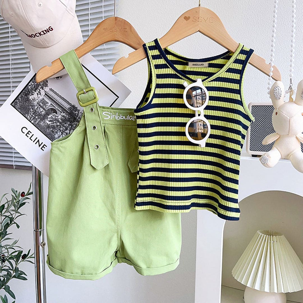 Girls Striped Vest With Short Length Dungaree Sets Green 1-2 Y 