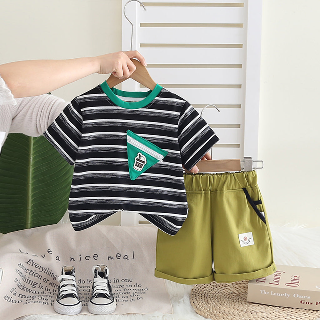 Boys Black Striped Triangular Patch Pocket T-Shirt With Brown Shorts Set 2 pc. Sets Black 1-2 Y