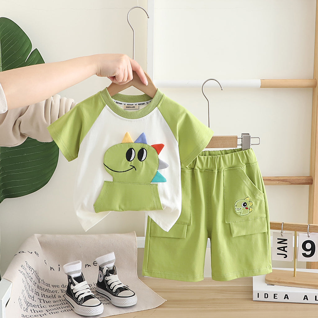 Boys Green Dino Patchwork Raglan Sleeve T-shirt with Shorts Set Sets Green 1-2 Y