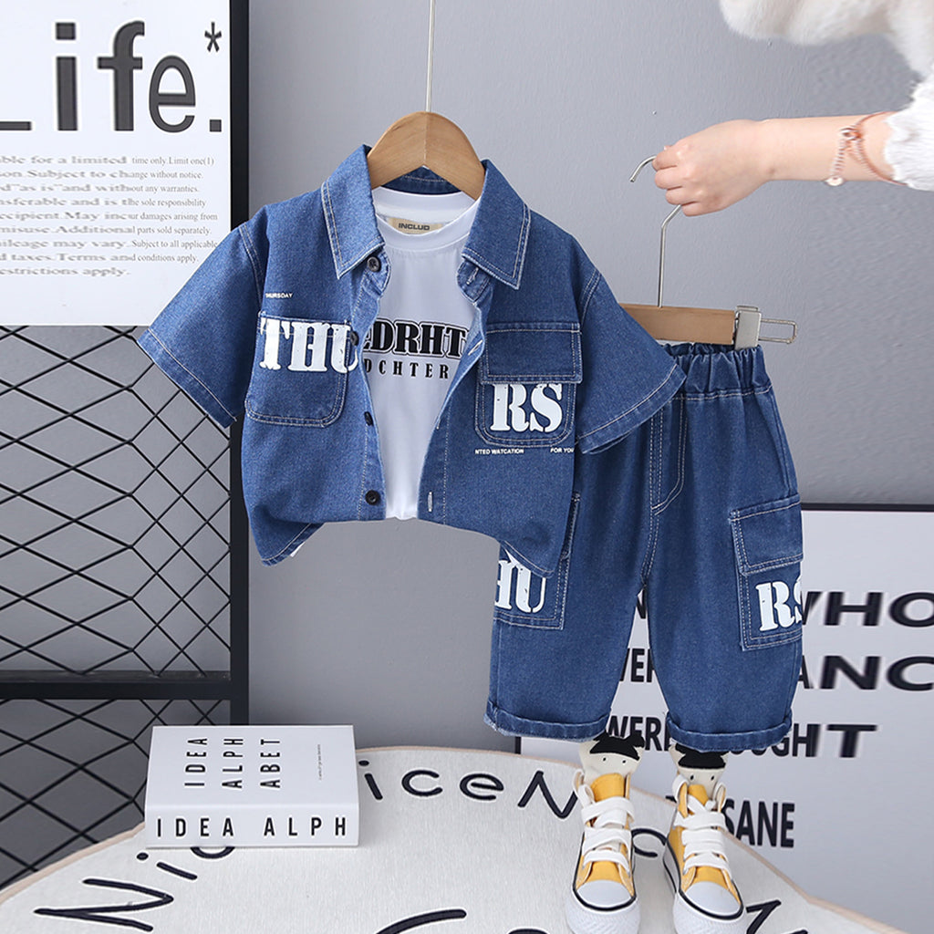 Boys Blue Denim Short Sleeves Shirt With T-Shirt And Cargo Pants Set 3 pc. Sets Blue 1-2 Y