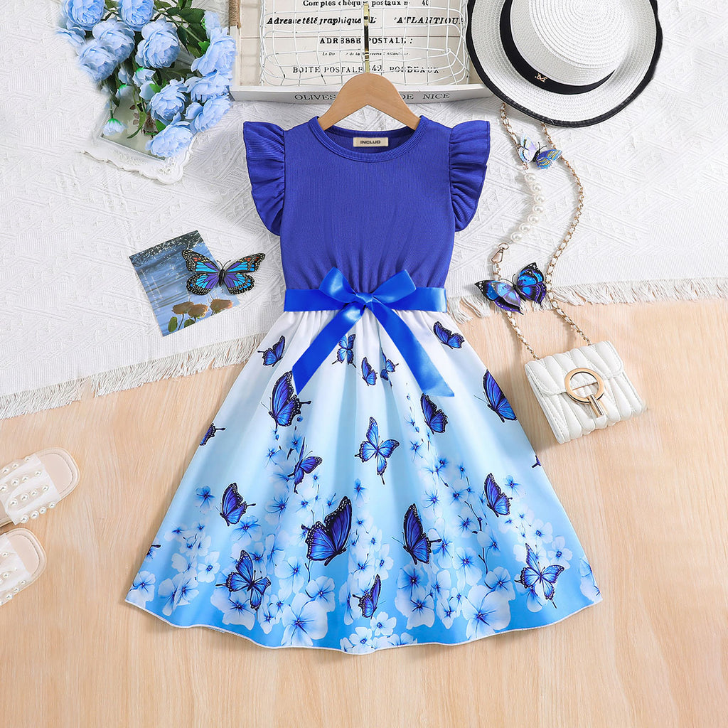 Girls Blue Butterfly Printed Flutter Sleeves Fit And Flared Midi Casual Dress Casual Dresses Blue 3-4 Y