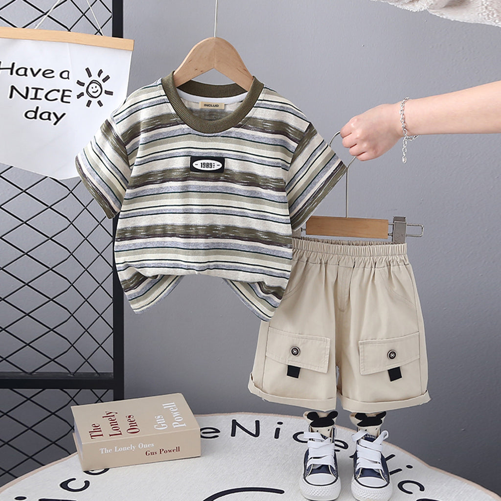 Boys Green Striped Short Sleeves T-Shirt With Shorts Set 2 pc. Sets Green 1-2 Y