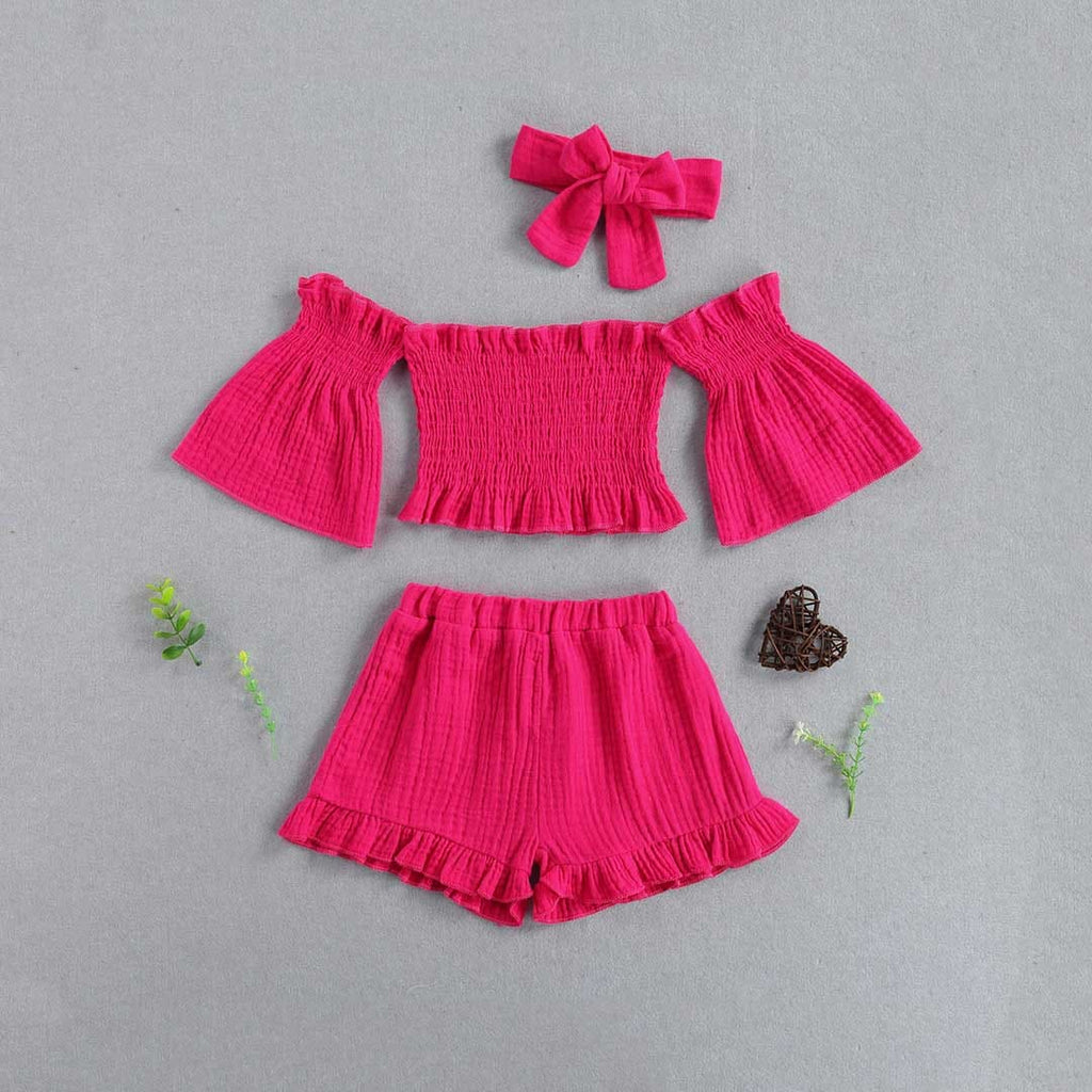 Girls Off Shoulder Top With Shorts & Headband Set Sets Red 1-2 Y 