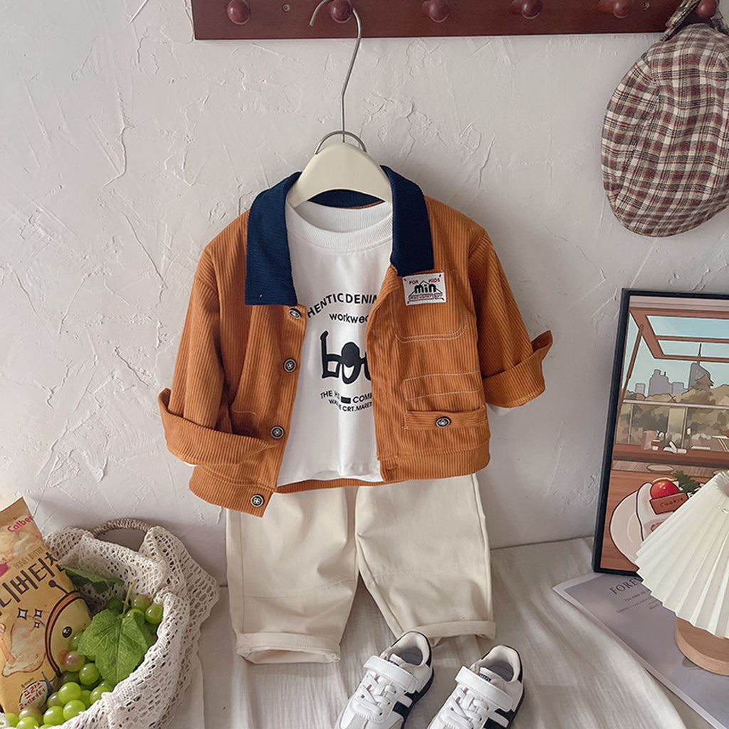 Boys Brown Solid Jacket With Printed T-Shirt & Pants Set Sets Brown 1-2 Y