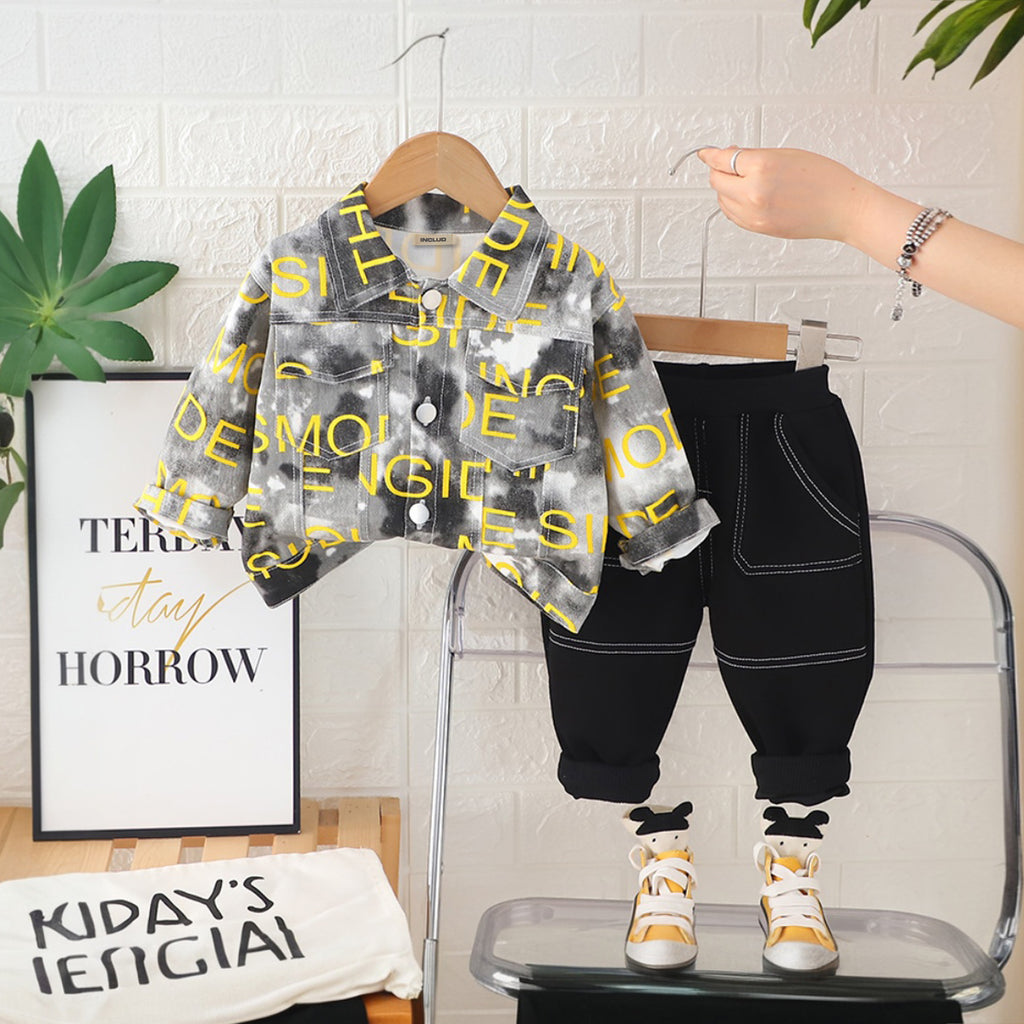 Boys Yellow Typographic Printed Shacket With Pants Set 2 pc. Sets