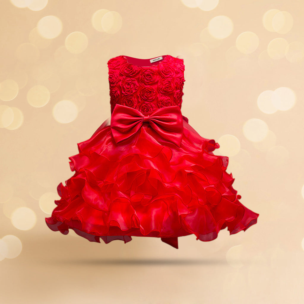 Girls Tiered Flower Applique Party Dress Party Dresses Red 4-5 Y 