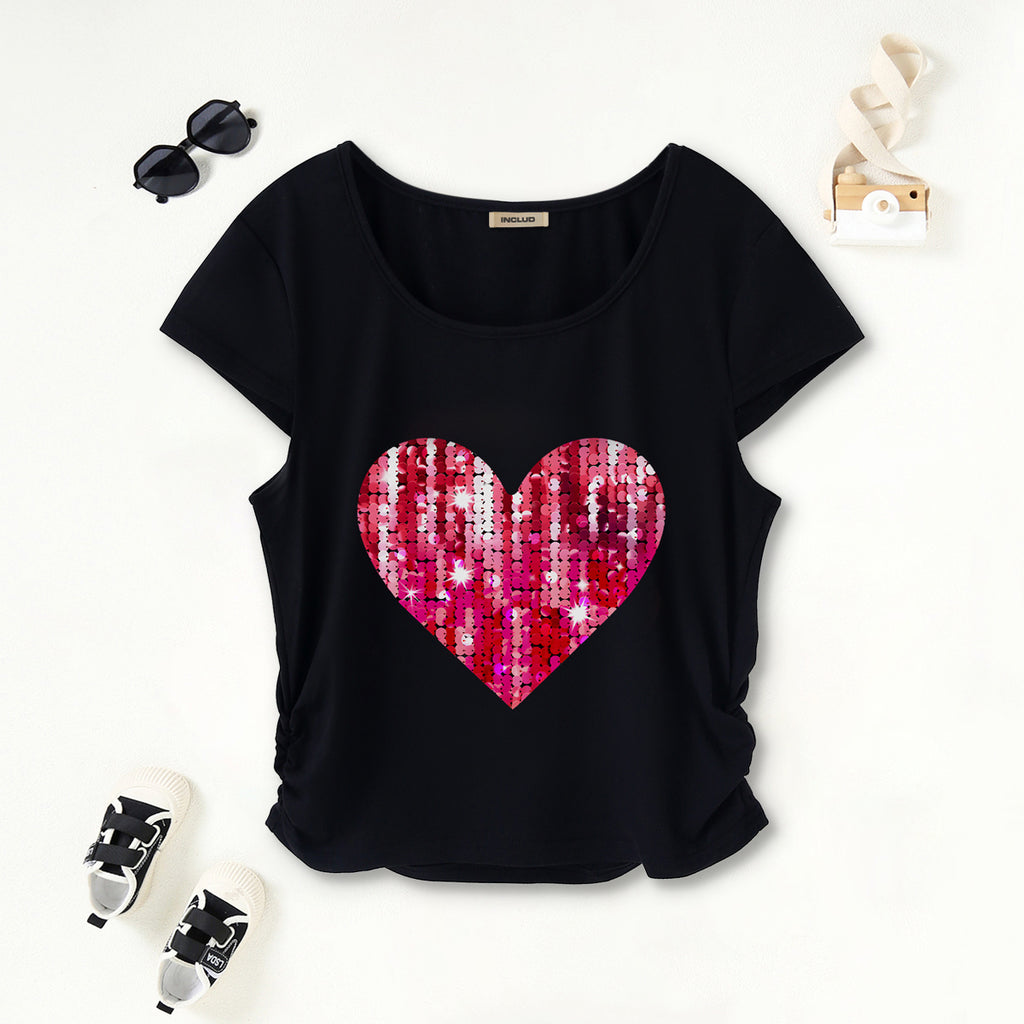 Girls Black Heart Sequence Short Sleeves Scoop Neck T-Shirt Tshirts Black 7-8 Y