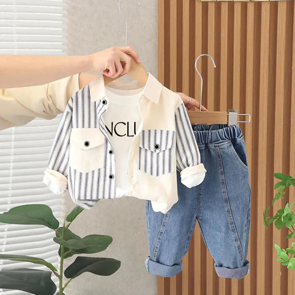 Boys Blue Striped Long Sleeve Shirt With T-shirt & Denims Pants Set Sets Blue 1-2 Y