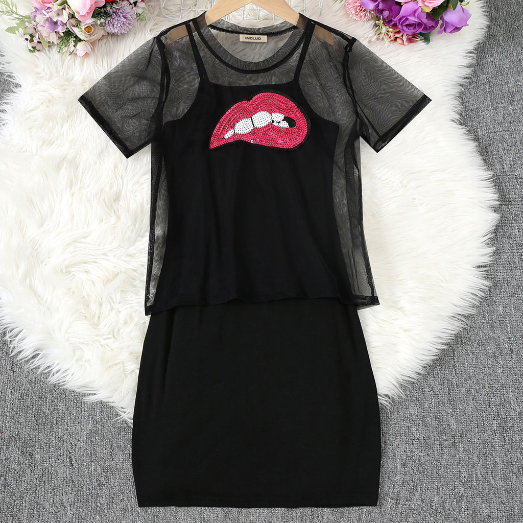 Girls Black Bodycon Dress With Sequin Lip Mesh Sheer Top Casual Dresses