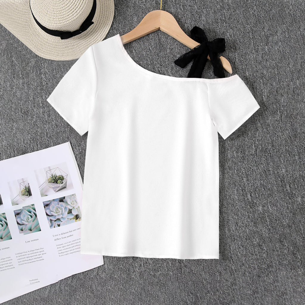 Girls White Off Shoulder Top with Tie Up Tops White 7-8 Y