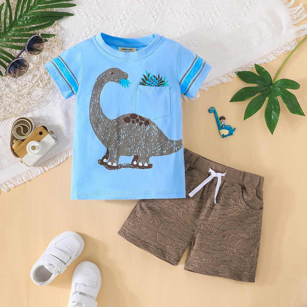 Boys Sky Blue Dinosaur Printed T-Shirt With Shorts Set 2 pc. Sets Navy Blue 1-2 Y