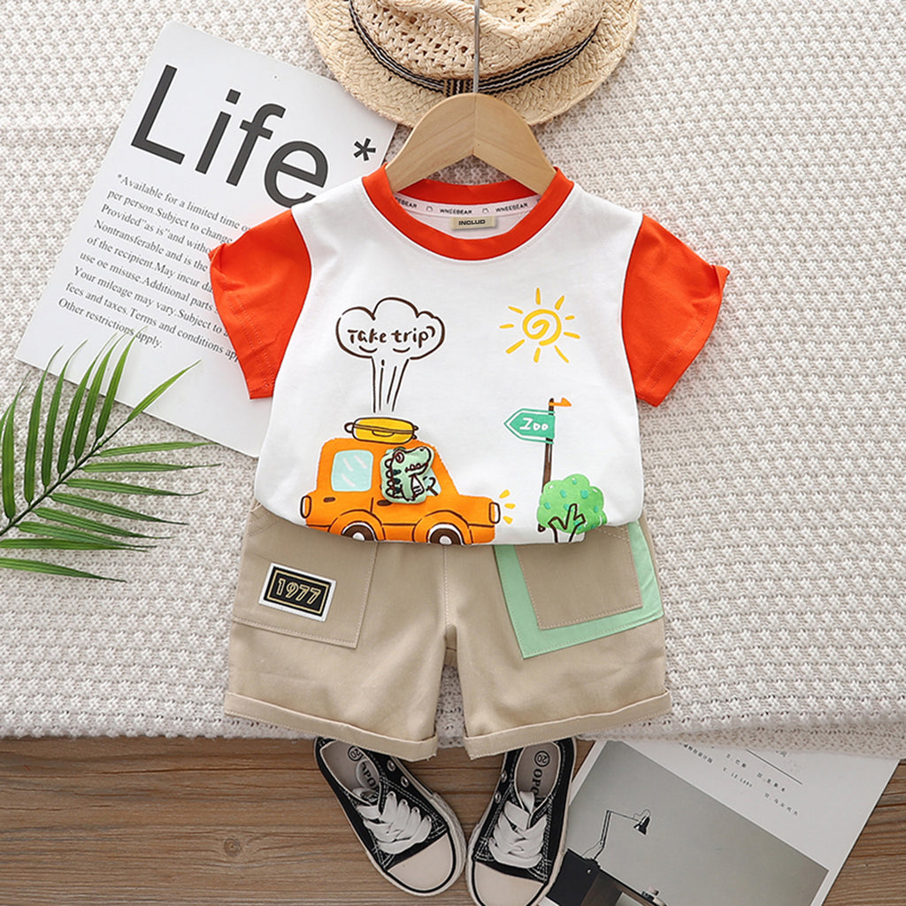 Boys White Car Print Short Sleeve T-Shirt With Elasticated Shorts Set 2 pc. Sets White 1-2 Y