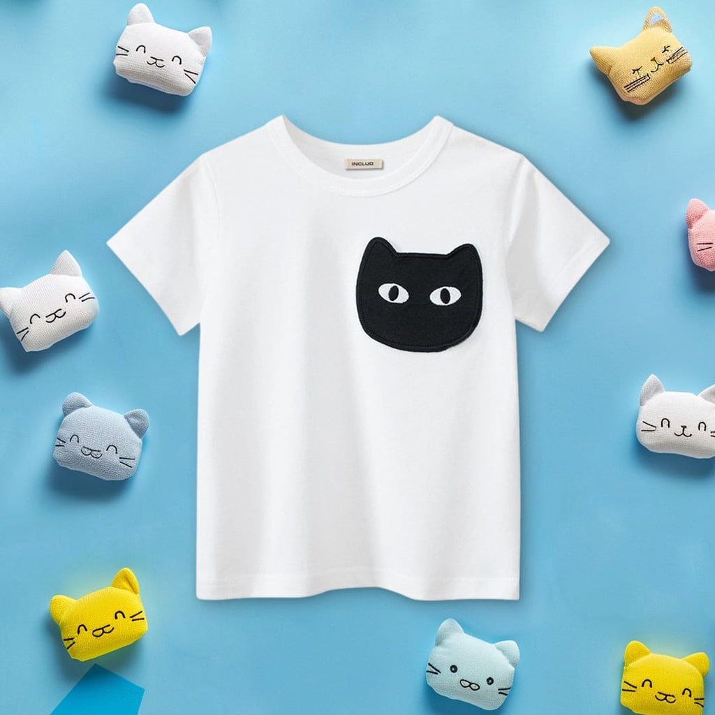 Girls Cat Patch Casual T-Shirt Tshirts White 1-2 Y 