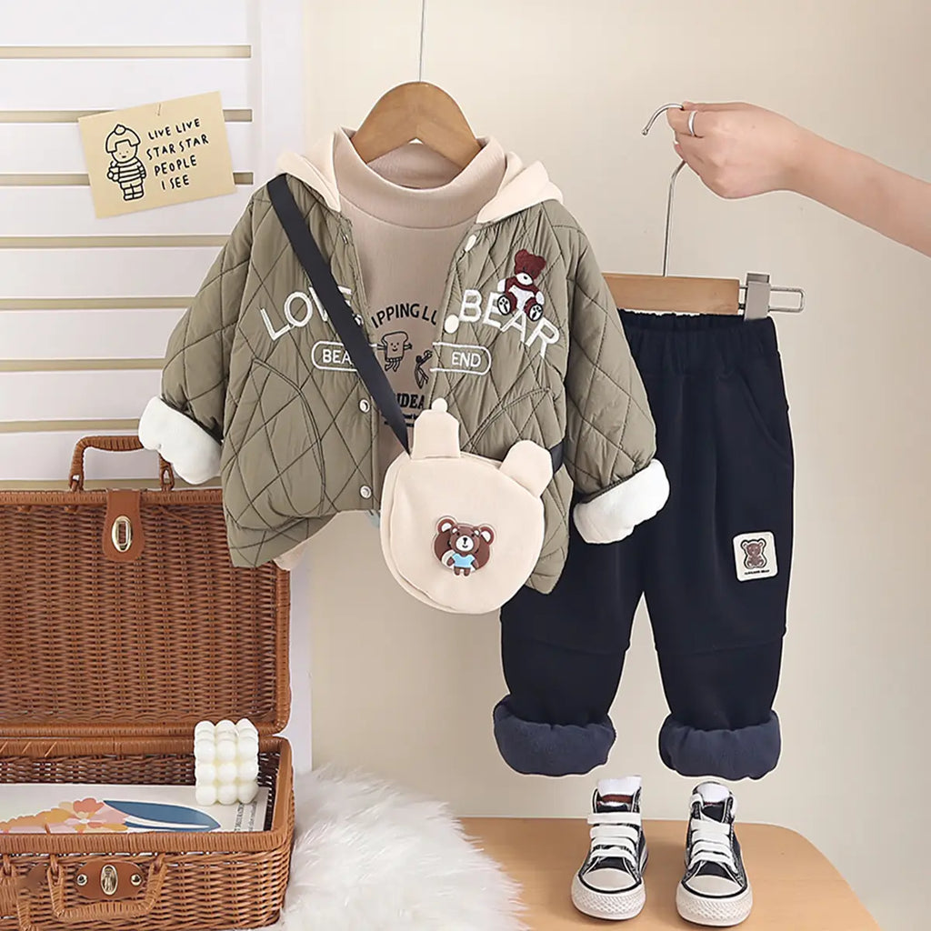 Boys Green Typographic Printed Hooded Jacket With T-Shirt & Jogger Sets Sets Green 1-2 Y