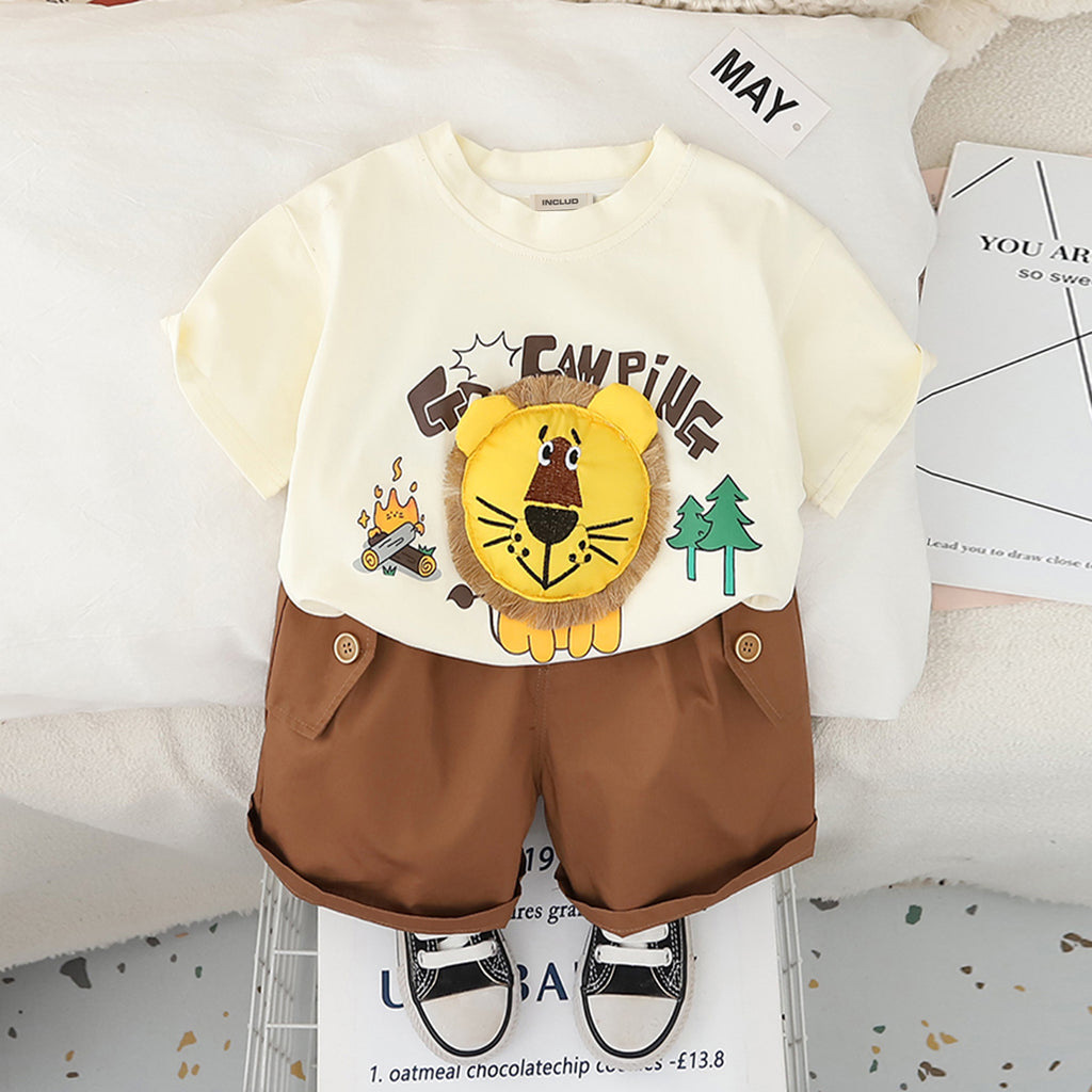 Boys 3D Lion Appliqued T-Shirt With Brown Shorts Set 2 pc. Sets Brown 1-2 Y