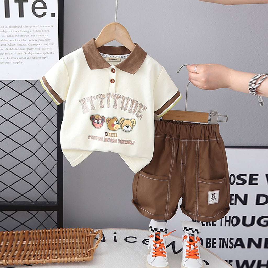 Boys Cream Graphic Printed Polo T-Shirt With Brown Shorts Set 2 pc. Sets Brown 1-2 Y