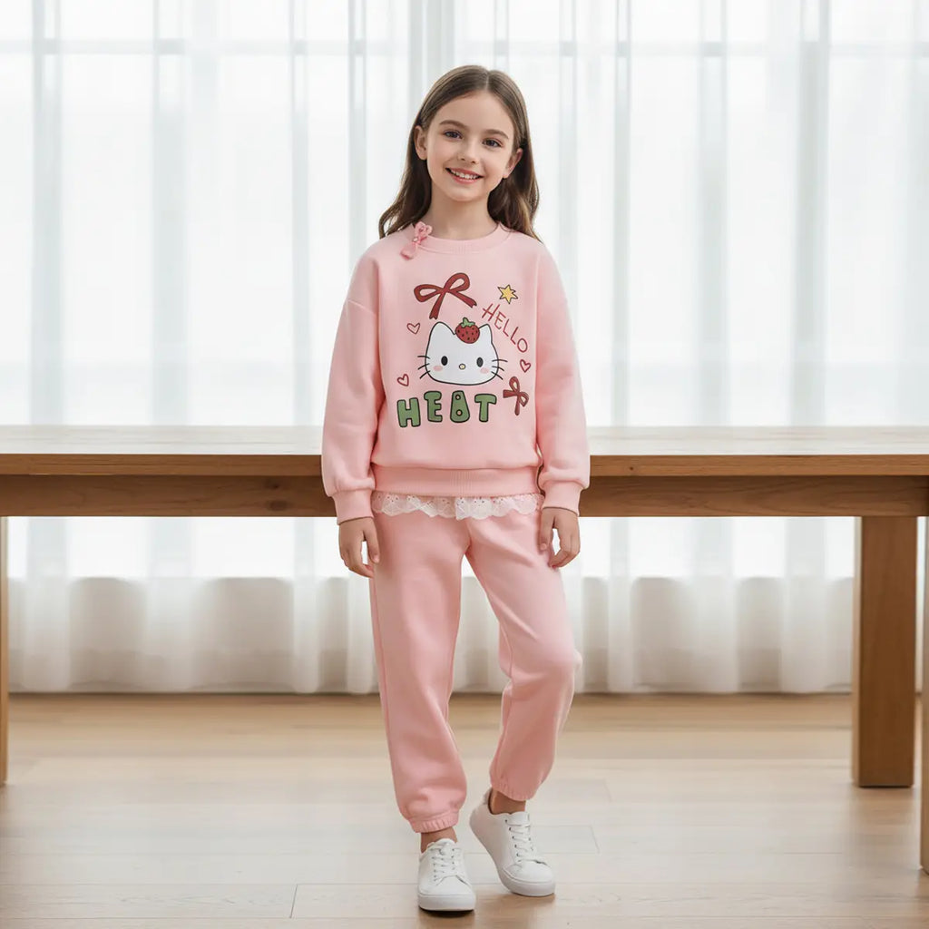 Girls Pink Cat Face Printed Sweatshirt With Jogger Sets Sets Pink 1-2 Y