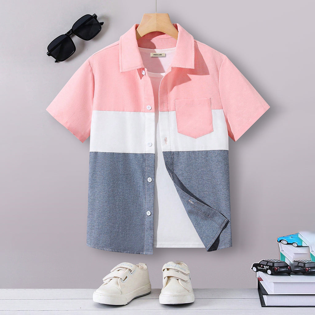 Boys Pink Short Sleeve Color-blocked Shirt Shirts Pink 7-8 Y