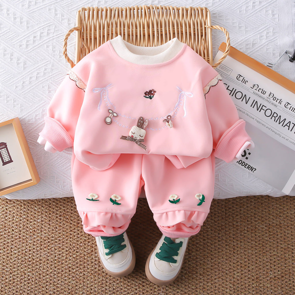 Girls Pink Embroidered Sweatshirt with Joggers Set Sets Pink 1-2 Y