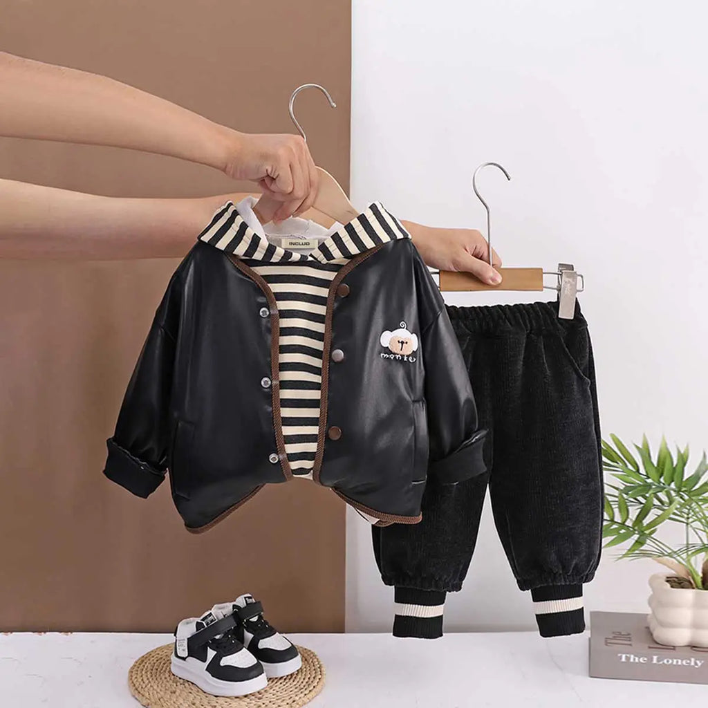 Boys Black Faux Leather Jacket With Striped Hooded Sweatshirt & Jogger Sets Sets Black 1-2 Y