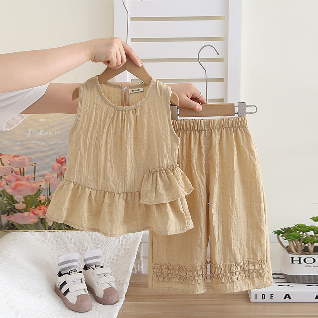 Girls Khaki Sleeveless Ruffled Hem Tunic Top With Pants Set 2 pc. Sets