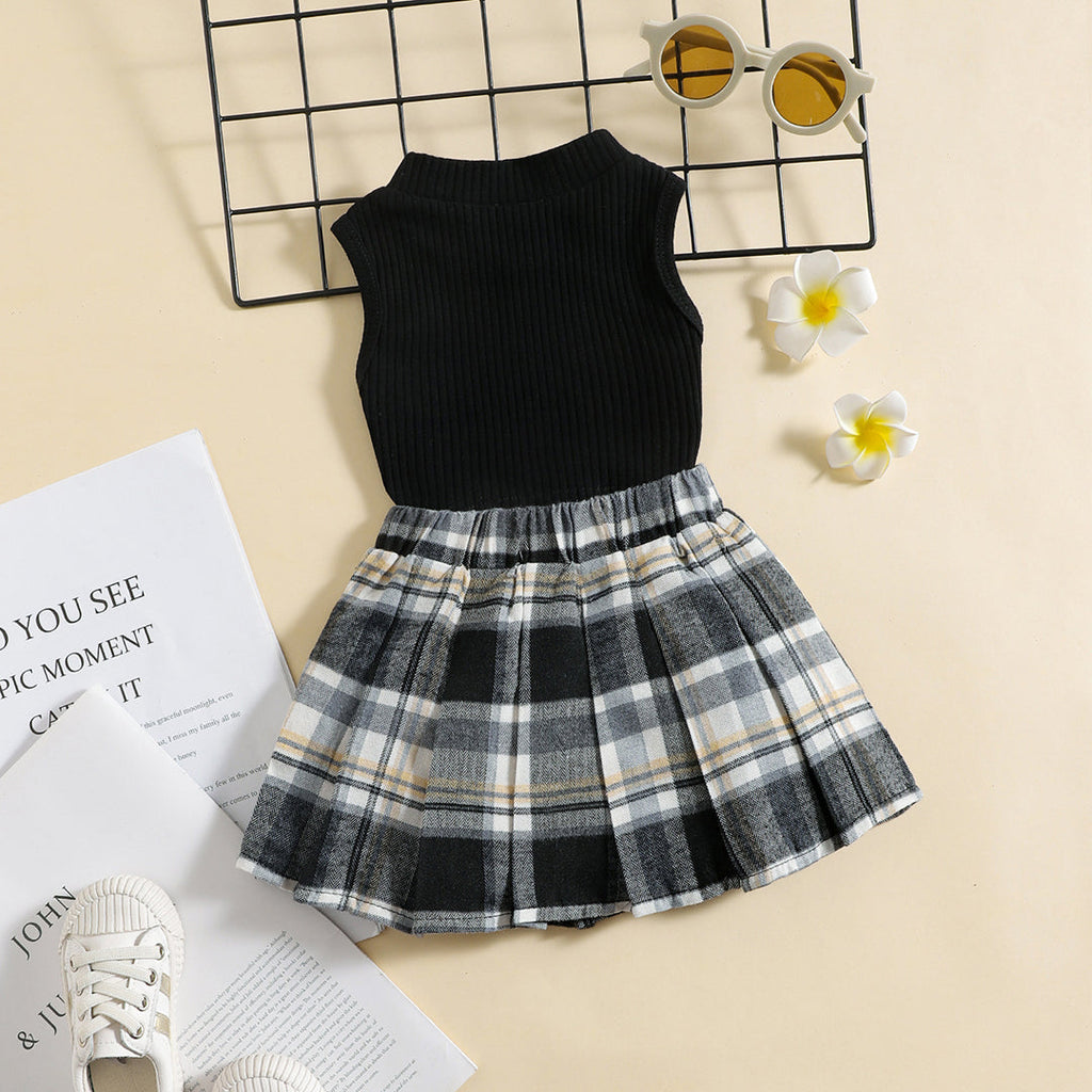 Girls Sleeveless Crop Top With Plaid Pleated Skirt Set 2 pc. Sets Black 7-8 Y 