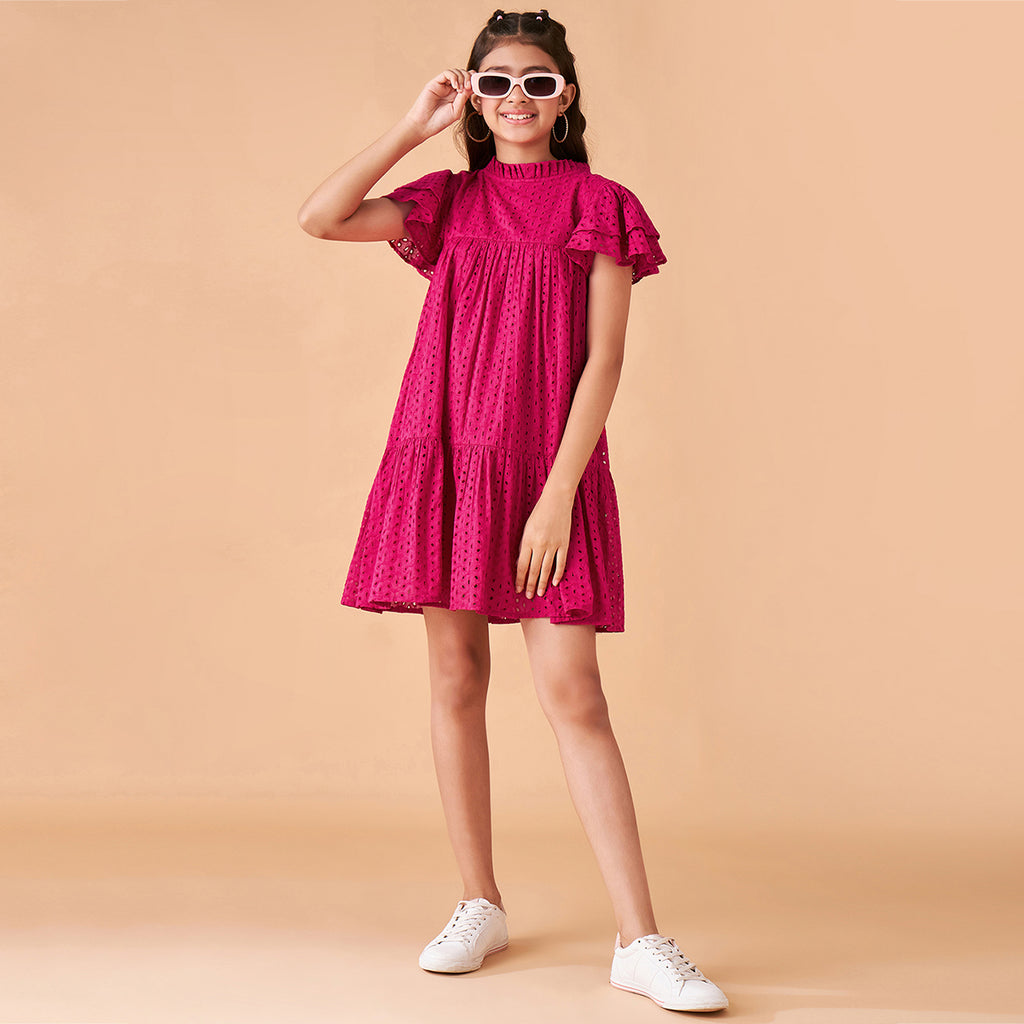 Girls Magenta Self Deigned Flutter Sleeves Tiered Design Casual Dress Casual Dresses Fuchsia 4-5 Y