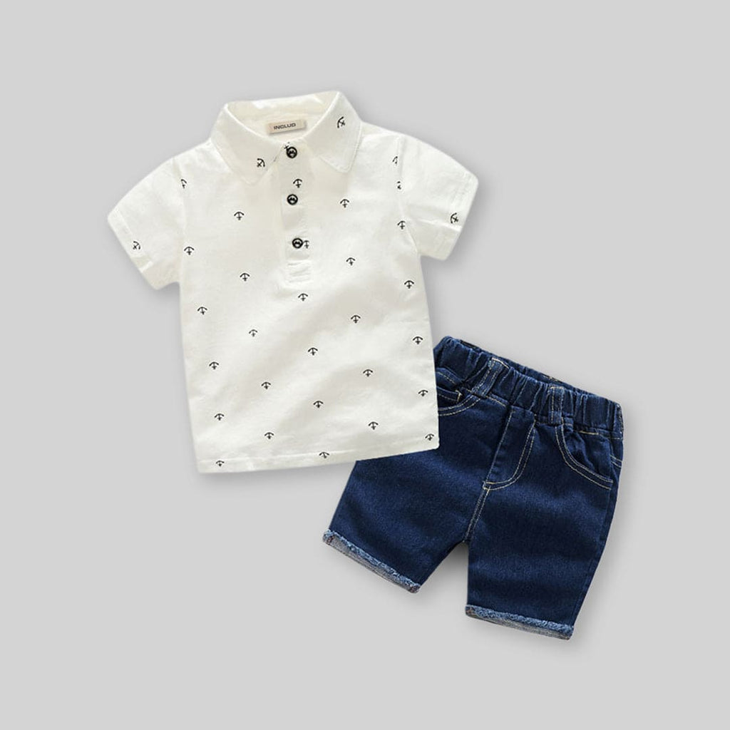 Boys Printed Polo T-shirt with Denim Shorts Set Sets White 2-3 Y 