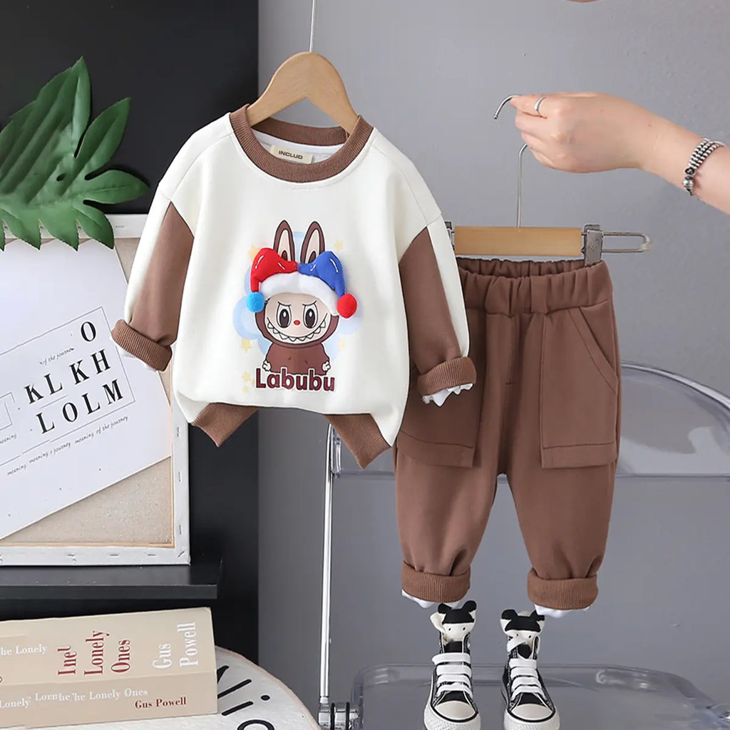 Boys Brown Graphics Printed Sweatshirt With Jogger Sets Sets Brown 1-2 Y