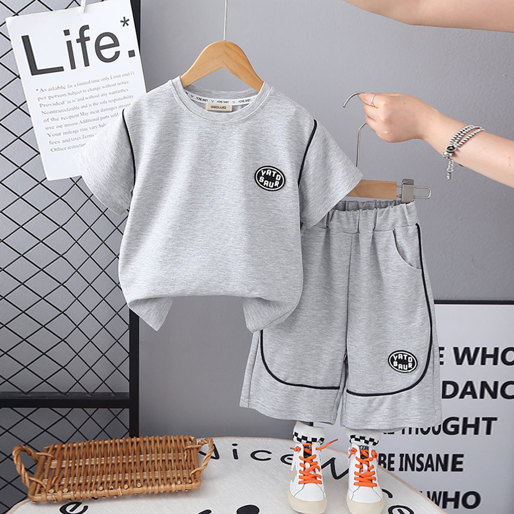 Boys Grey Solid Short Sleeves Contrast Piping T-Shirt With Shorts Set 2 pc. Sets Grey 2-3 Y