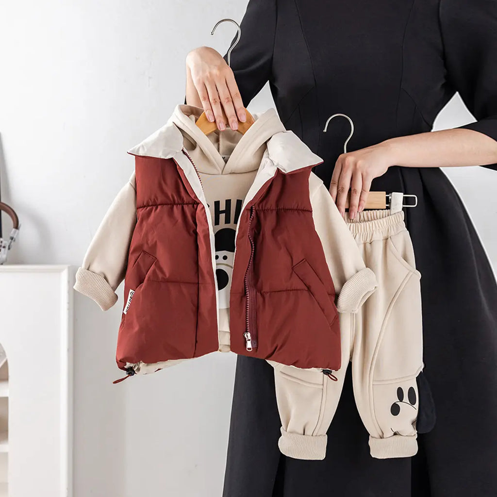 Boys Sleeveless Jacket With Regular Sweatshirt And Trouser Sets 3 pc. Sets Beige 1-2 Y