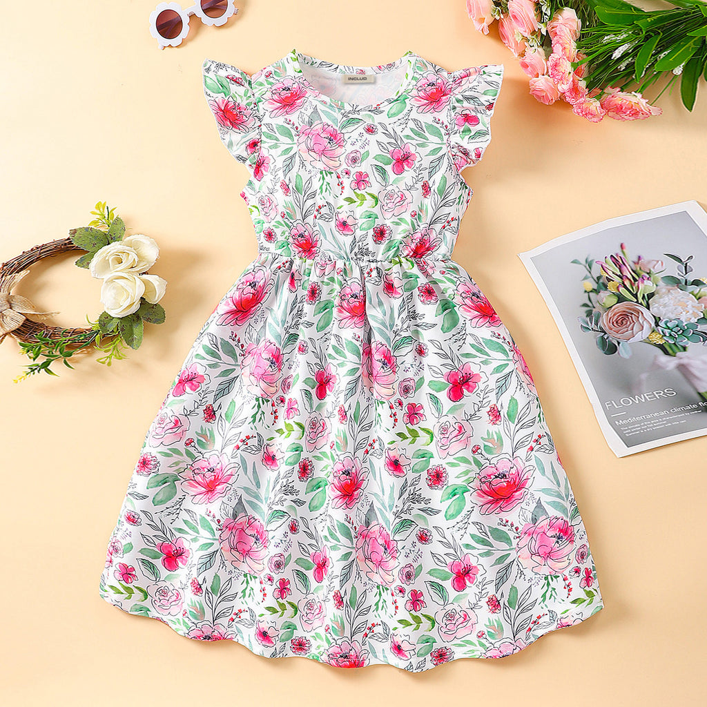 Girls Green Floral Printed Flared Casual Dress Casual Dresses Green 7-8 Y