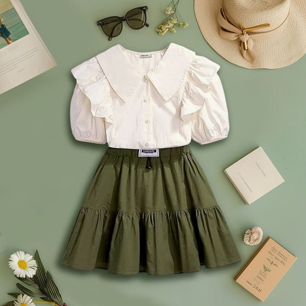 Girls Ruffle Shirt With Flared Skirt Set Sets Green 4-5 Y