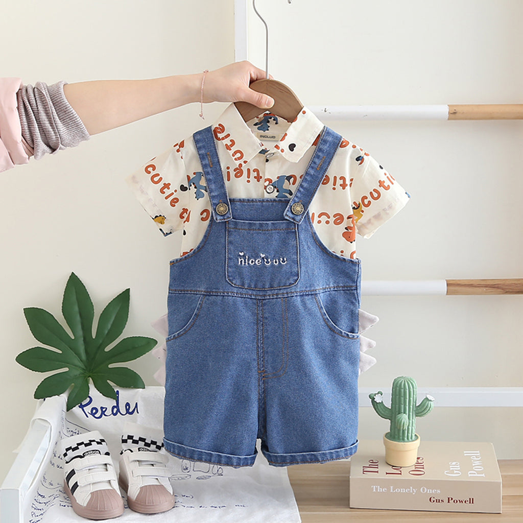 Boys Orange Typographic Printed Short Sleeves Shirt With Denim Dungaree Set 2 pc. Sets Orange 1-2 Y