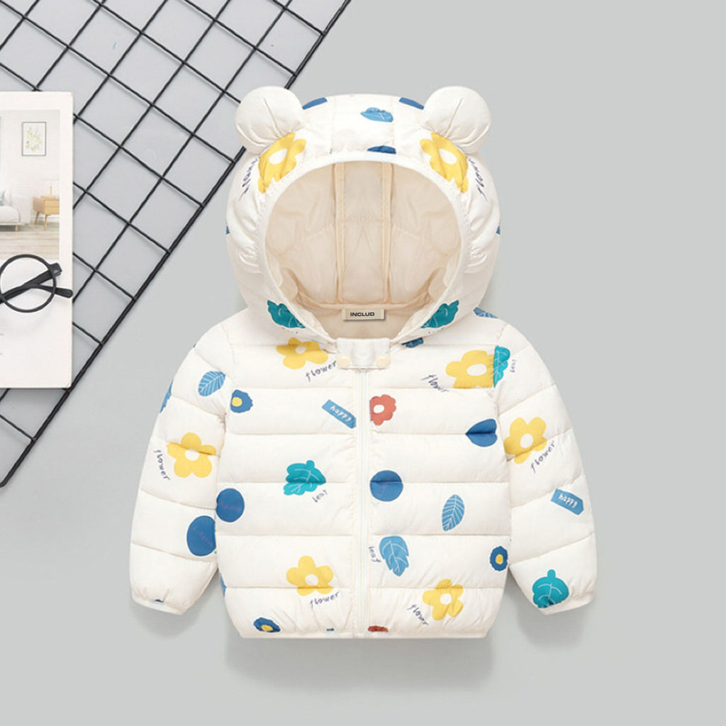 Girls White Floral Printed Hooded Puffer Jacket Coats & Jackets White 1-2 Y