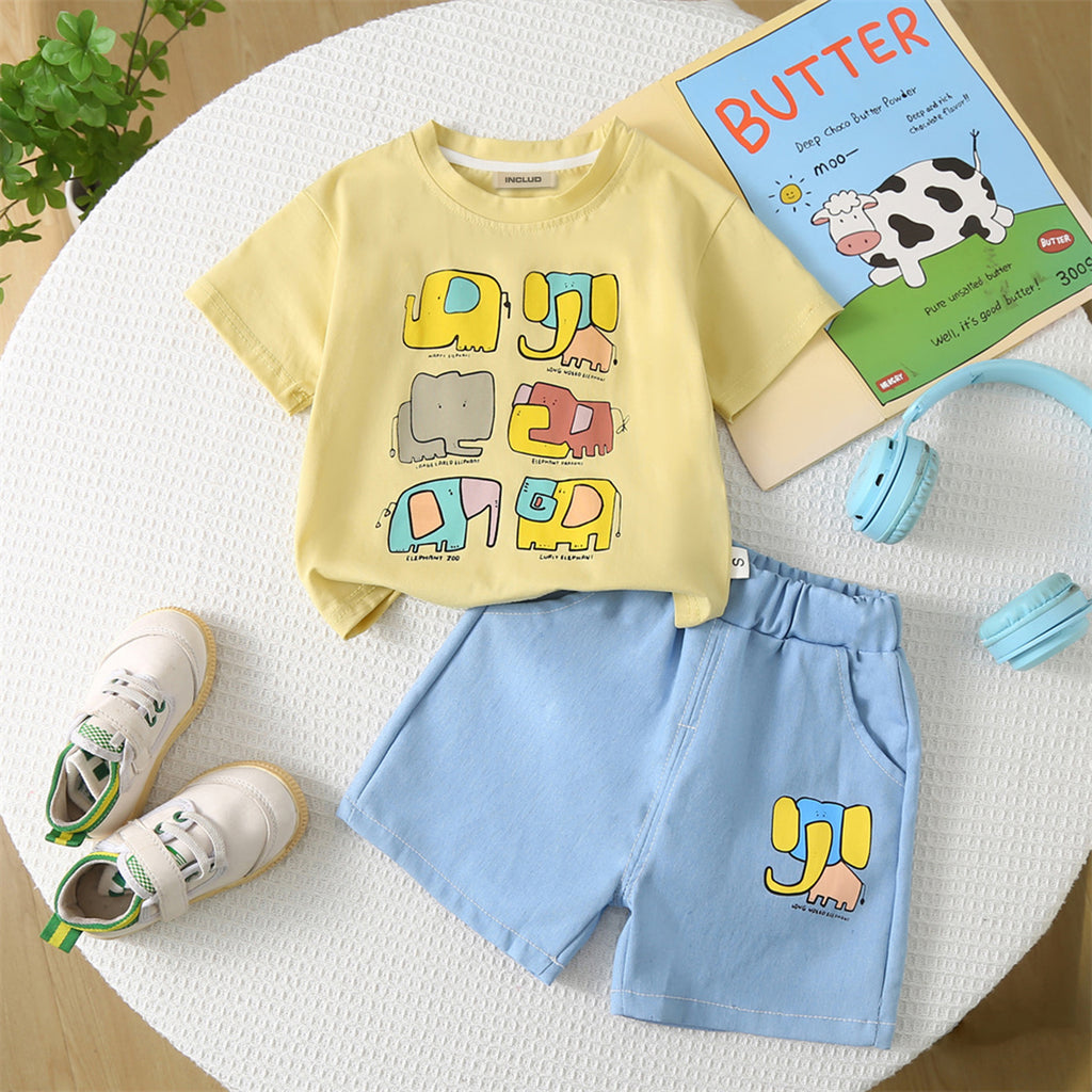 Boys Yellow Elephant Printed T-shirt with Chambray Shorts Set Sets Yellow 1-2 Y