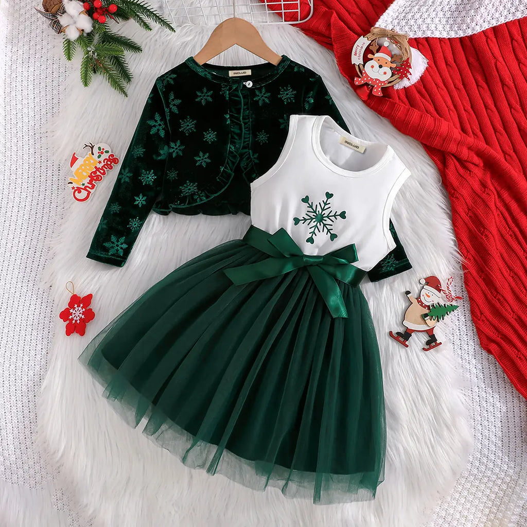 Girls Green Graphics Printed Fit & Flare Dress With Long Sleeves Shrug Casual Dresses Green 3-4 Y