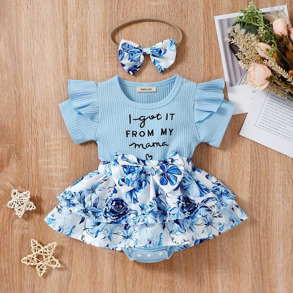 Girls Short Sleeve Floral Printed Fit & Flare Dress Casual Dresses Light Blue 1-2 Y 