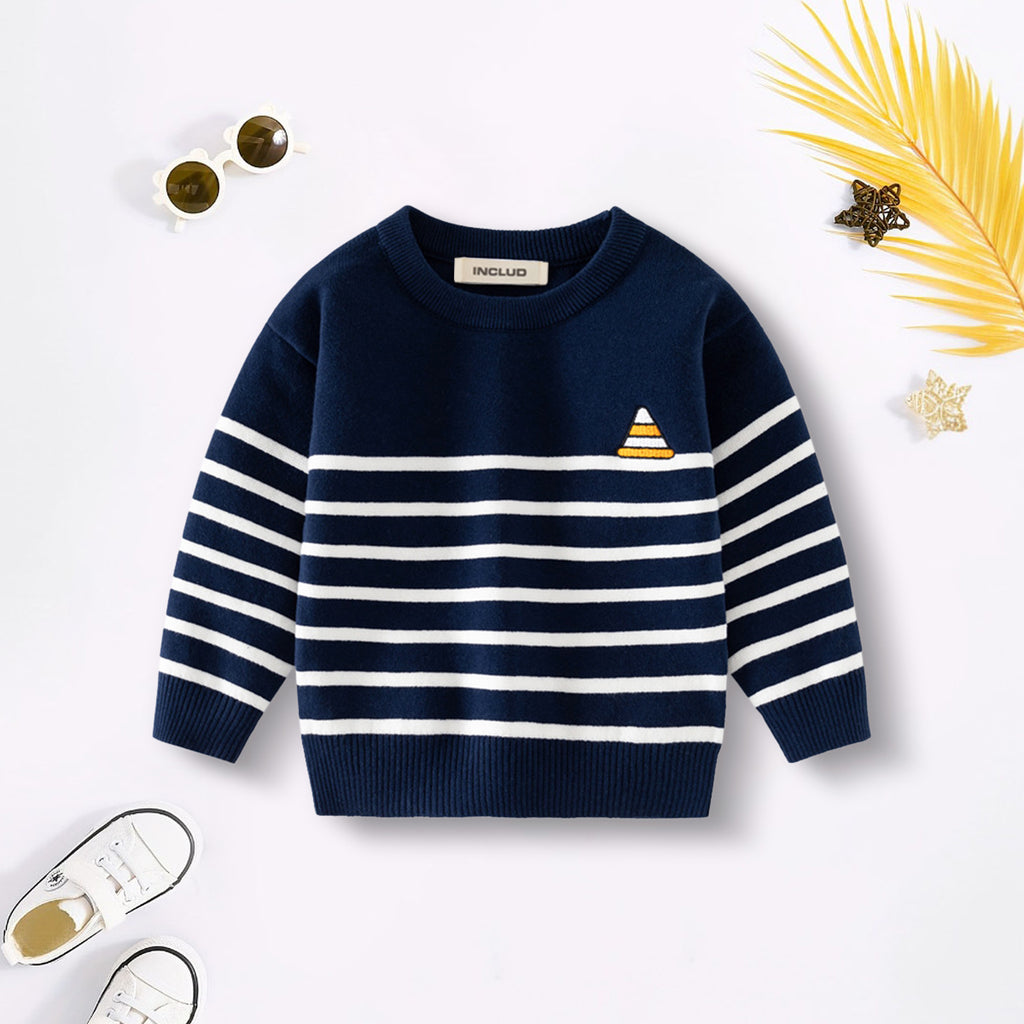 Boys Navy Blue Regular Sweater With Self Design Stripe Patterns Sweaters & Cardigans Navy Blue 2-3 Y