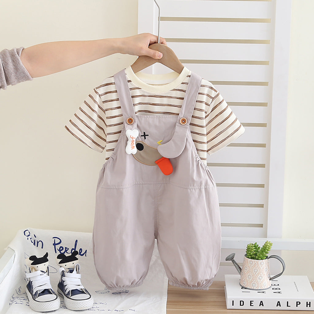 Boys Striped Short sleeves T-Shirt With Light Grey Dungaree Set 2 pc. Sets Light Grey 1-2 Y