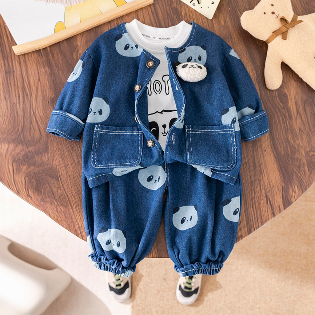 Boys Blue Panda Printed Denim Jacket With T-Shirt & Joggers Set Sets Blue 1-2 Y